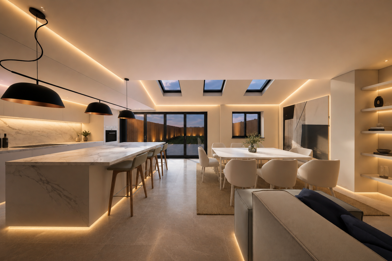 Open-plan kitchen, dining and living extension with skylights, marble island and warm cove lighting at dusk