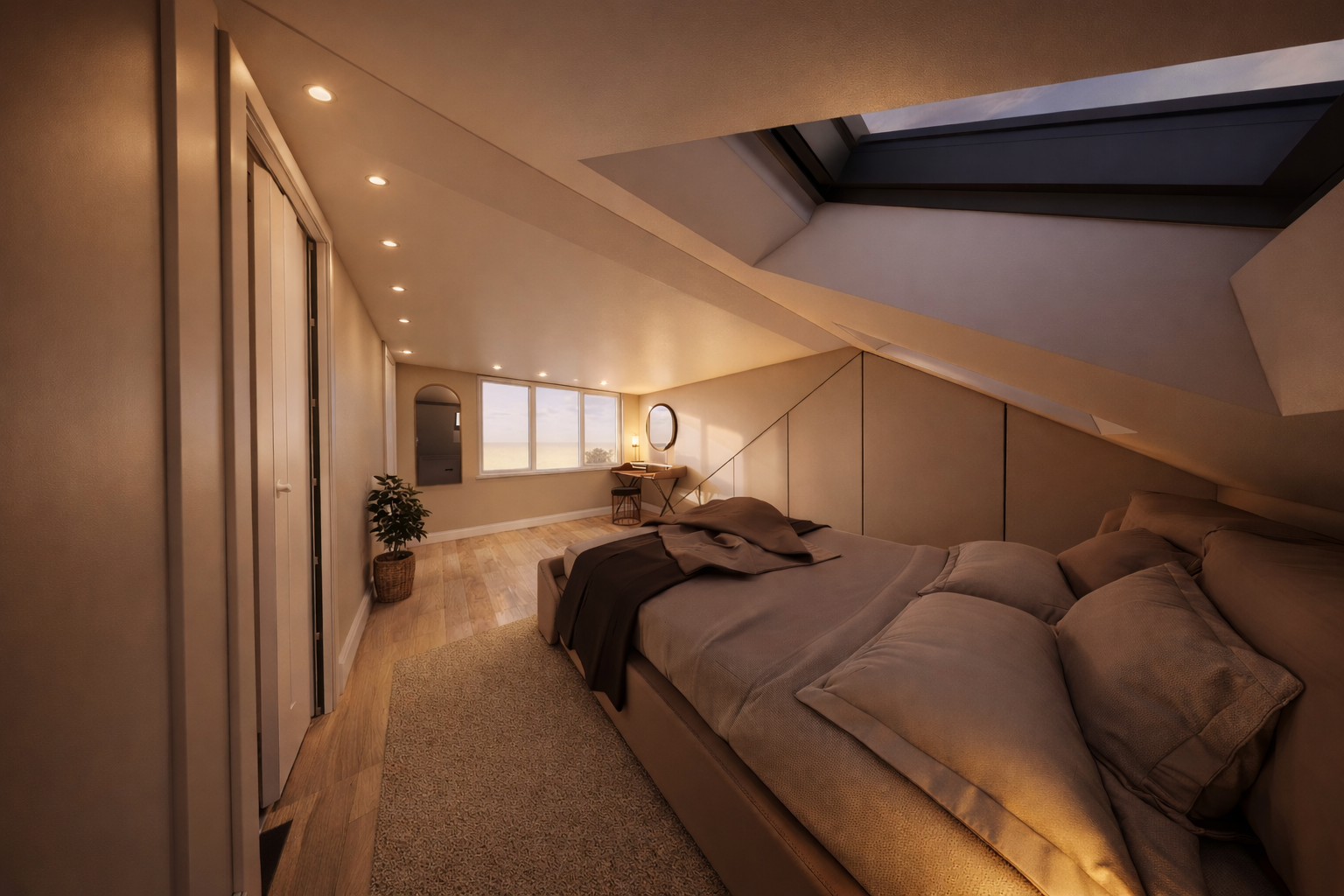 Converted loft bedroom with sloping ceiling, rooflight and fitted eaves storage