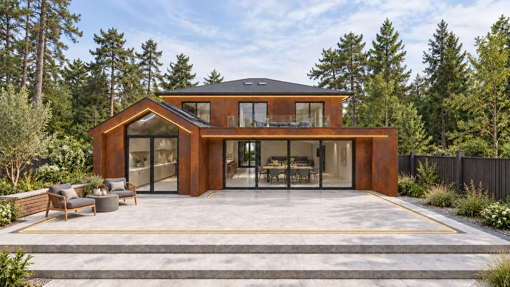 Corten-clad new-build home with full-height glazing and paved terrace