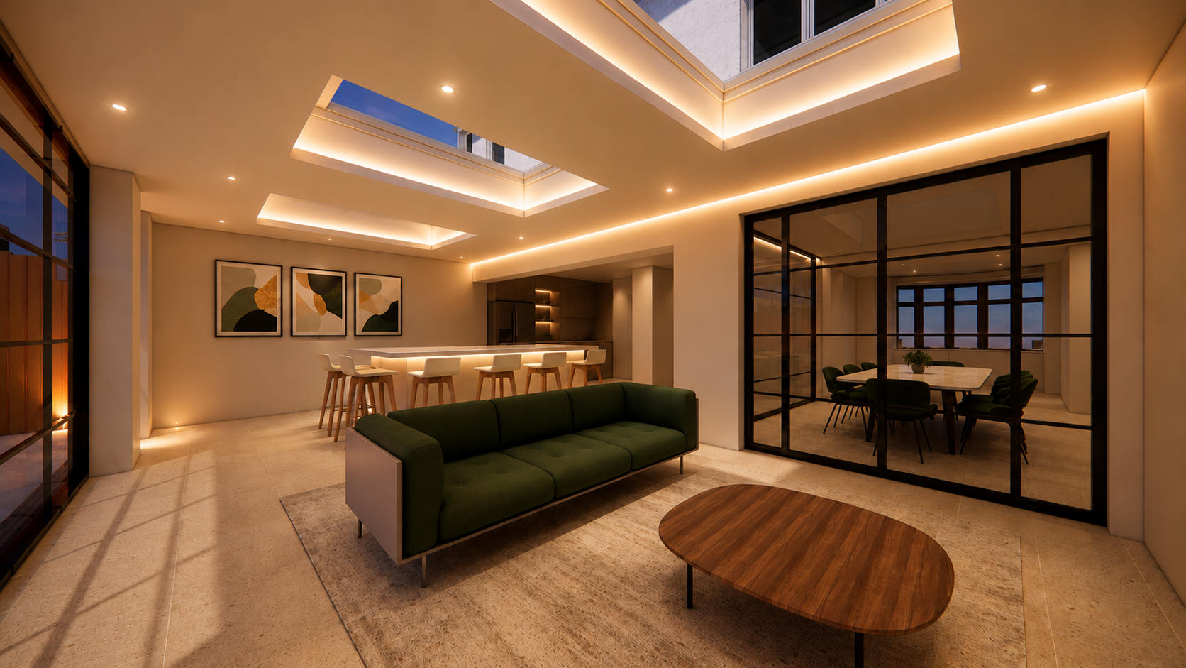 Open-plan living space with crittall doors and recessed skylight lighting