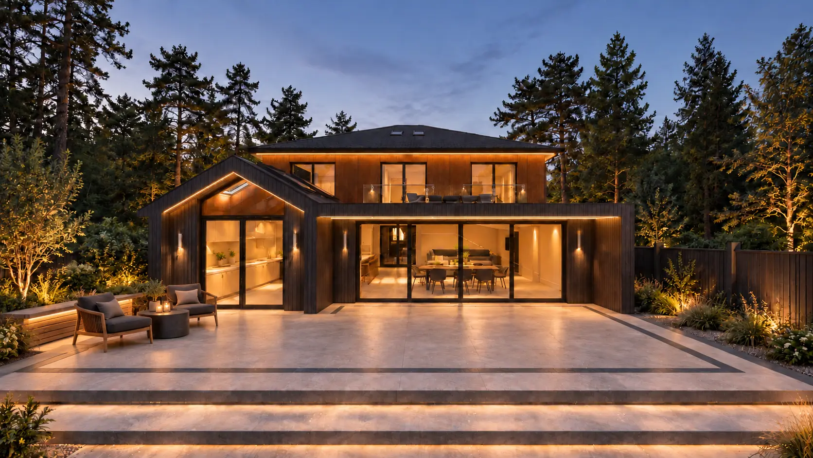 Timber-clad new-build home with terrace lighting at dusk