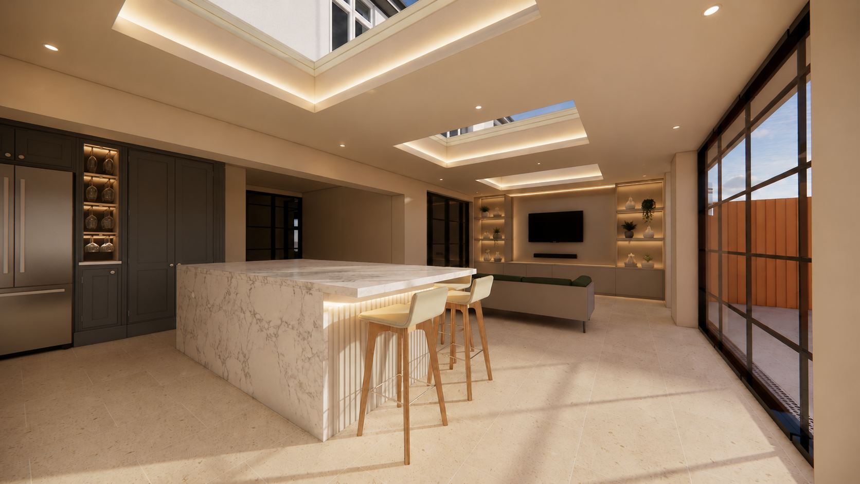 Open-plan kitchen with marble island and skylights