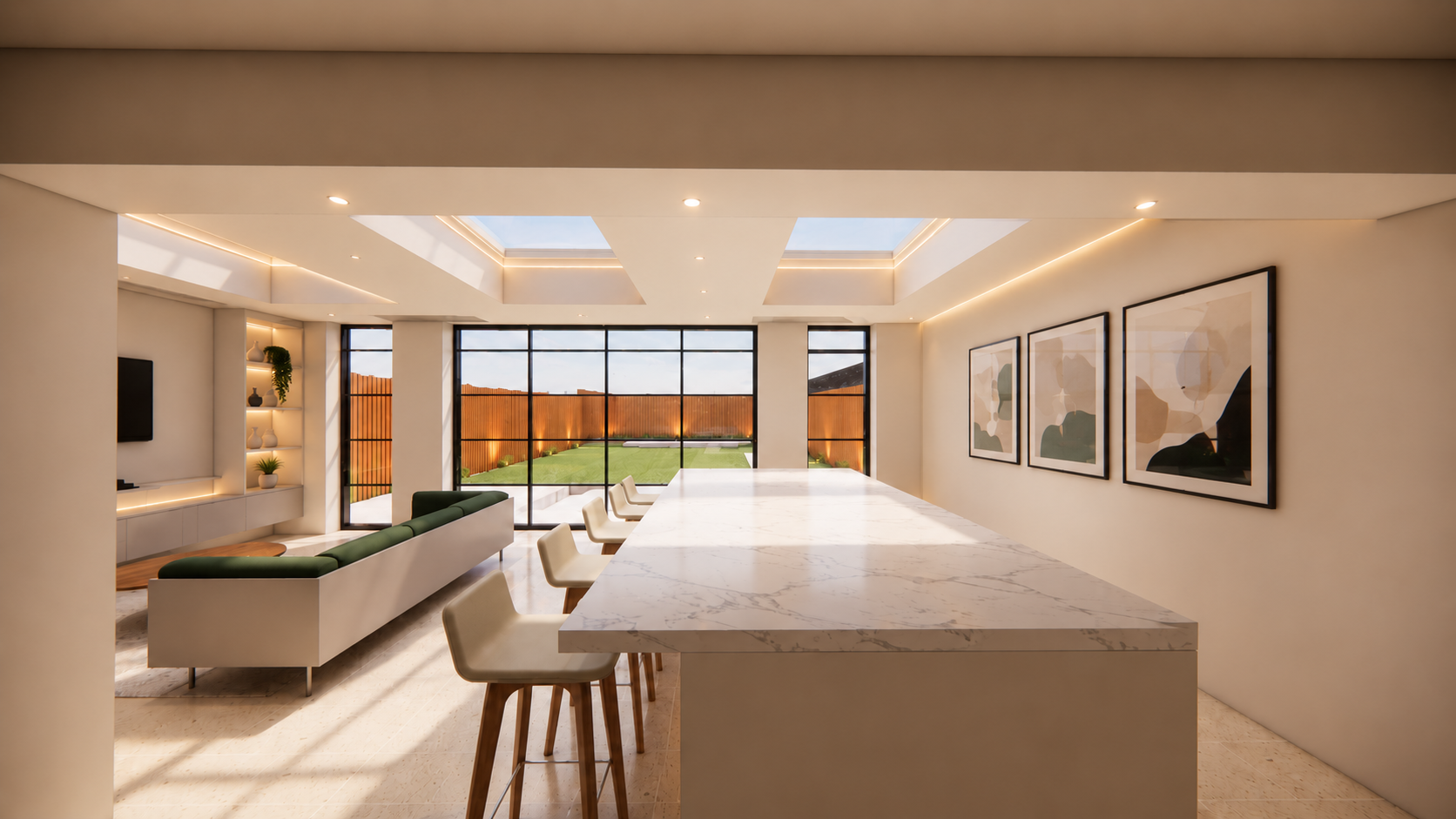 Kitchen and living space with marble island and full-height glazing to the garden
