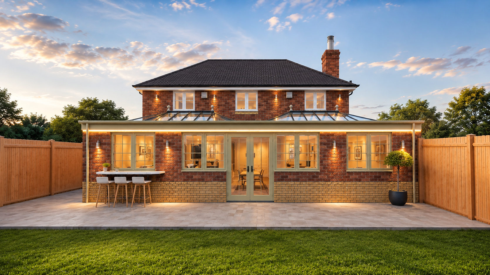 Brick rear extension with glazed roof lanterns and illuminated patio at dusk