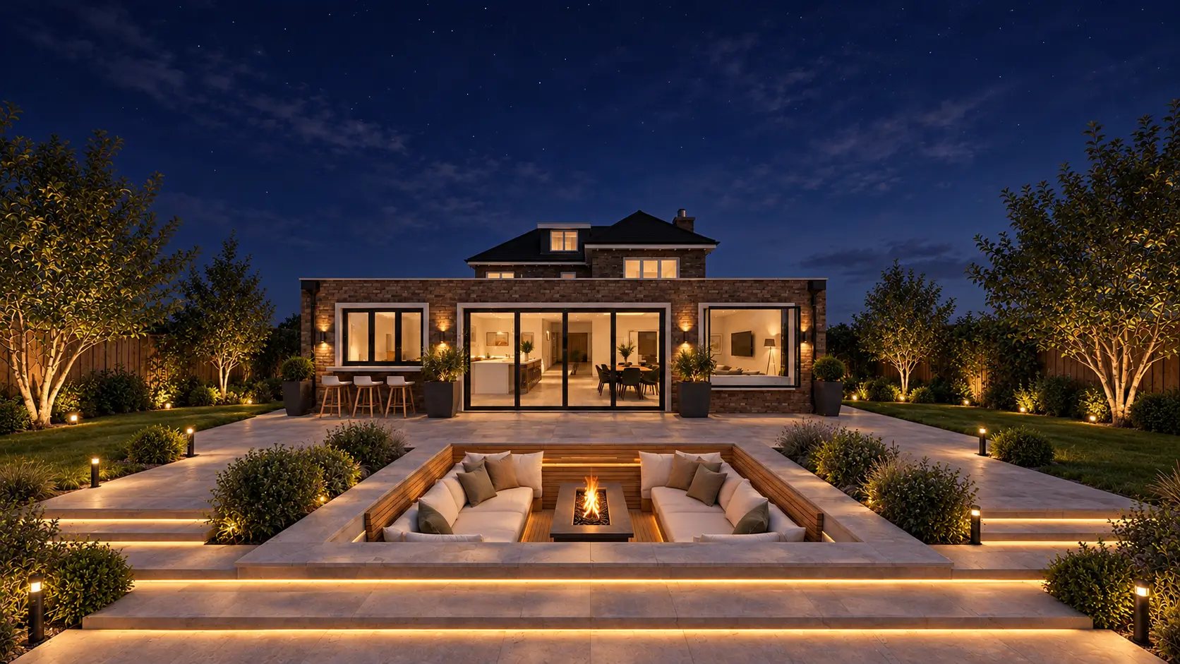 Landscaped garden with sunken fire-pit seating and illuminated steps at night