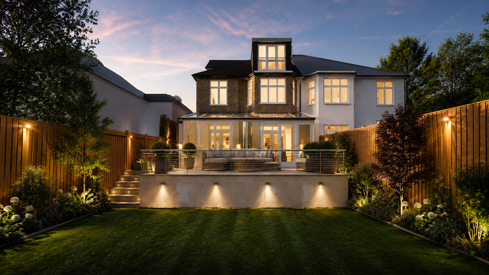 Rear of a London home at dusk with glazed extension and raised terrace