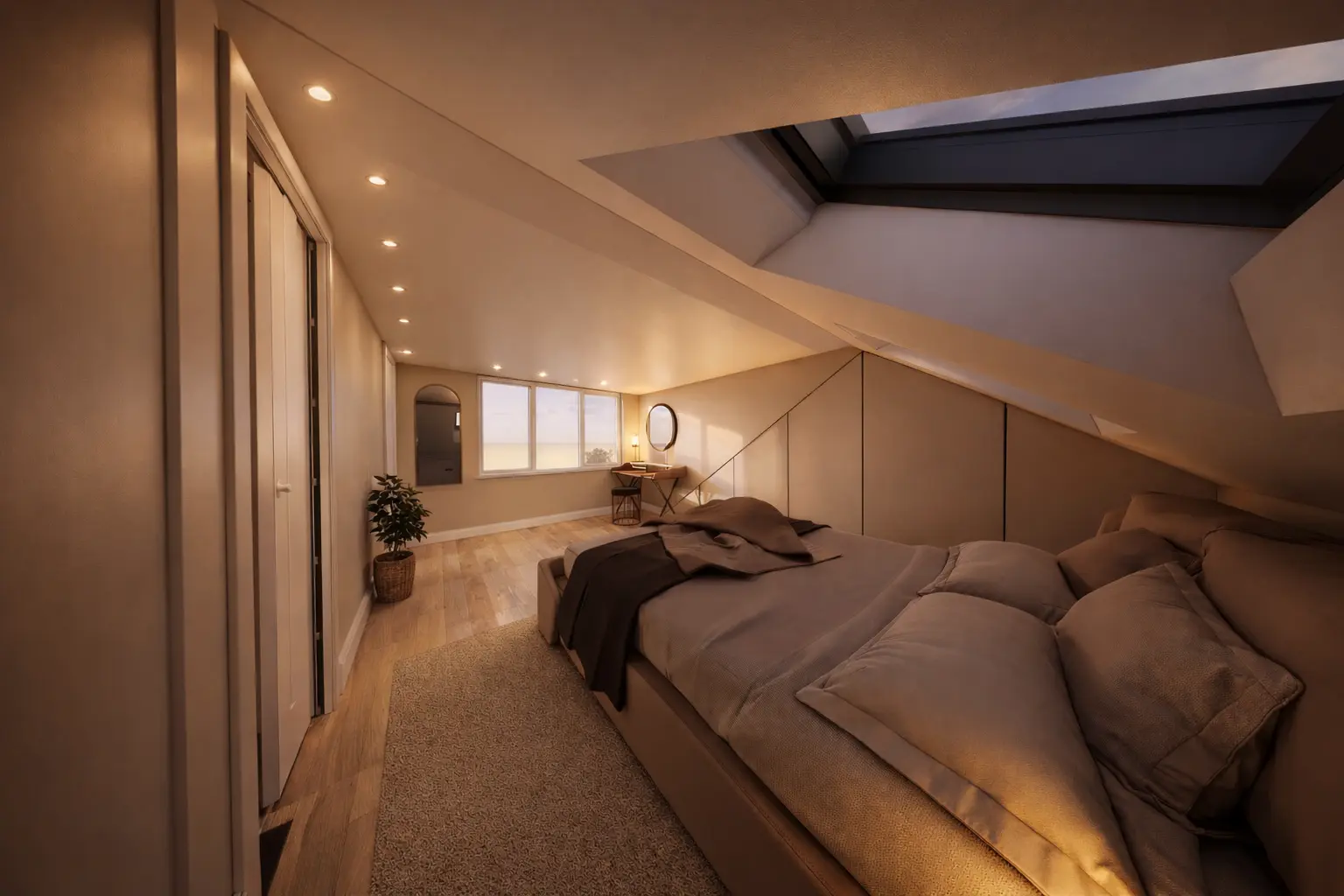 Loft conversion bedroom with skylight and fitted wardrobes