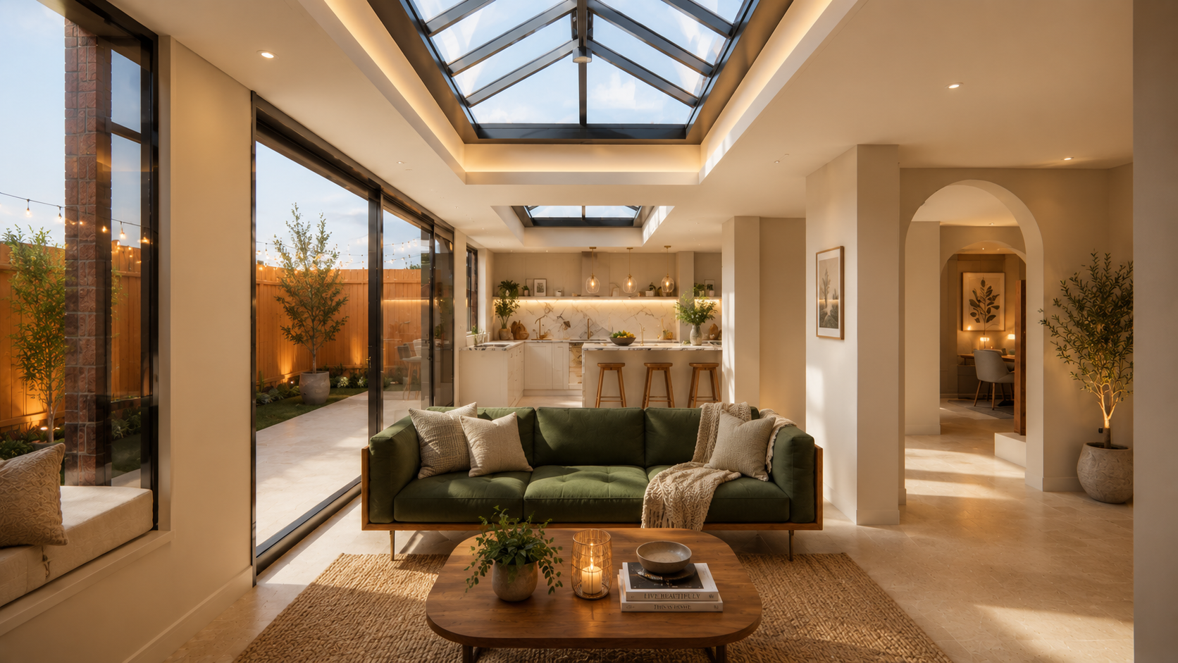 Wraparound extension interior with lantern rooflight and garden doors