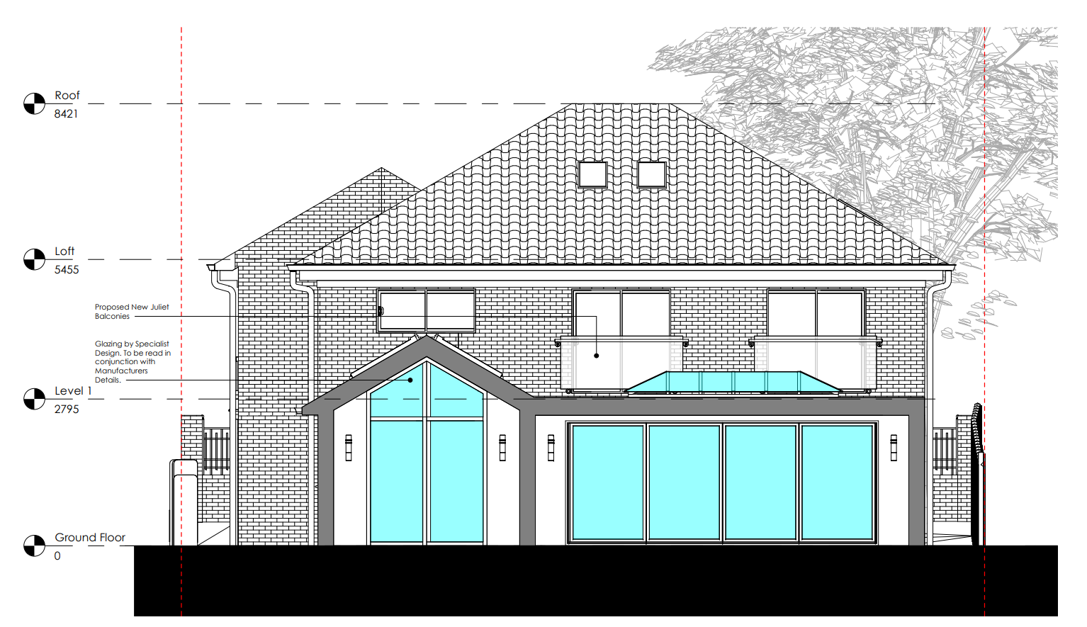 Proposed rear elevation drawing with Juliet balconies, glazed rooflights and full-width sliding doors