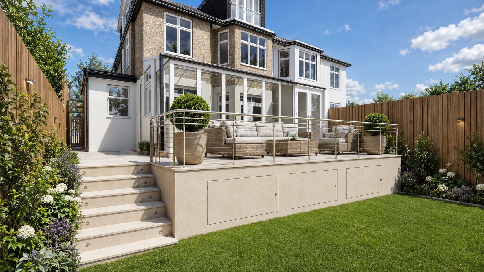 White rear extension with raised stone terrace and landscaped garden