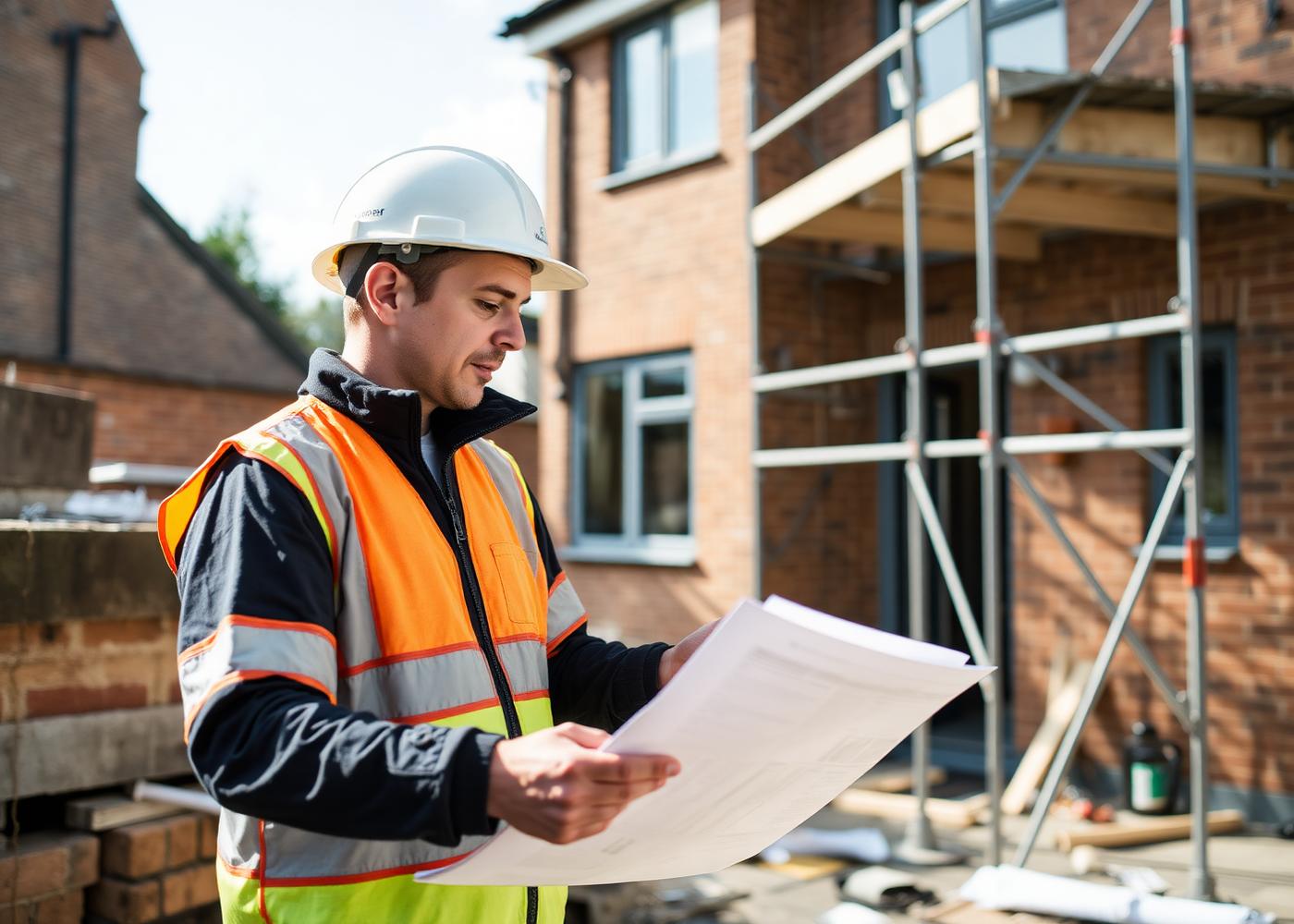 Builder reviewing drawings on a London residential extension site