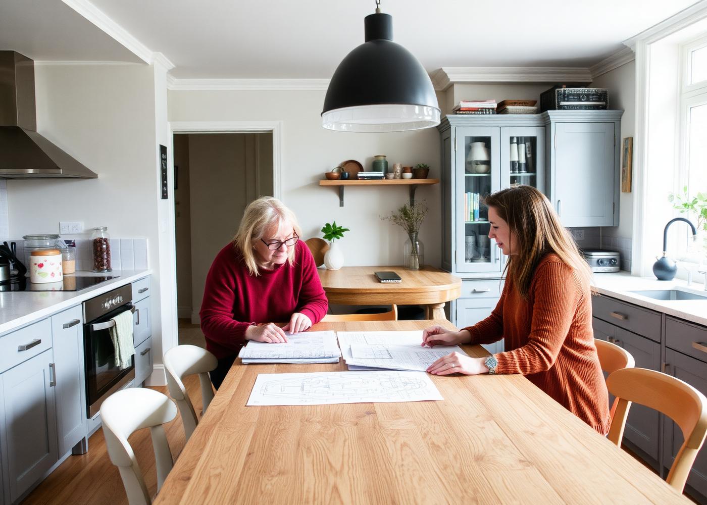 Homeowners reviewing extension drawings with a designer at a kitchen table