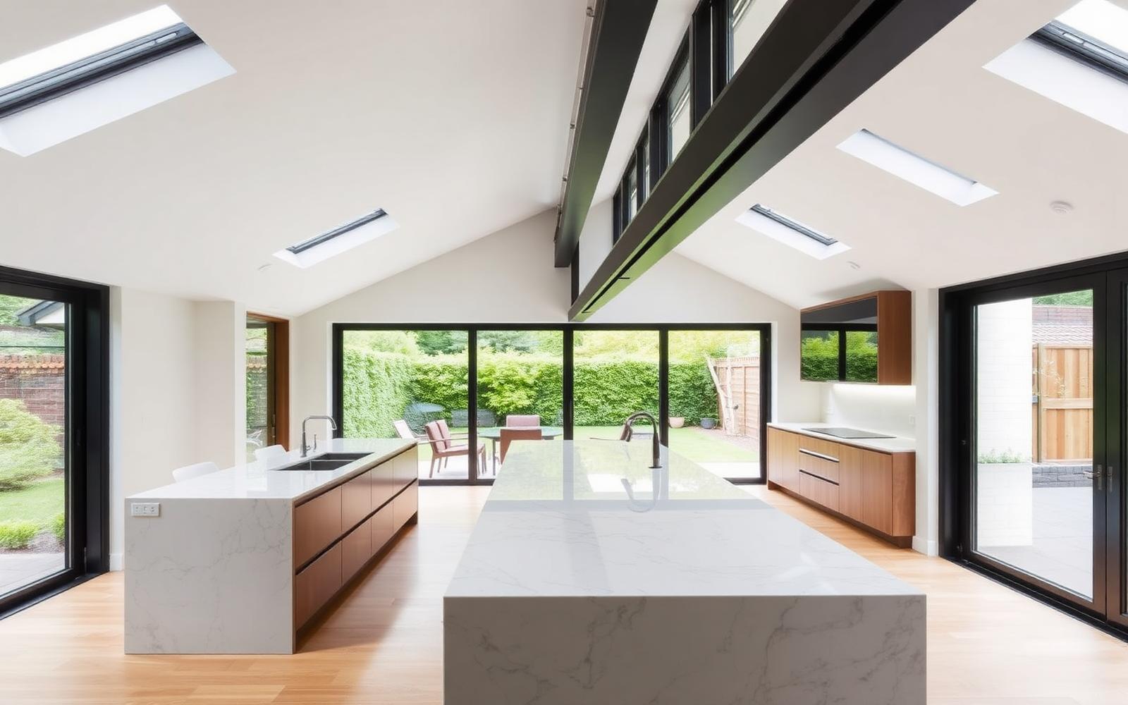 Open plan kitchen and dining extension with rooflights after renovation