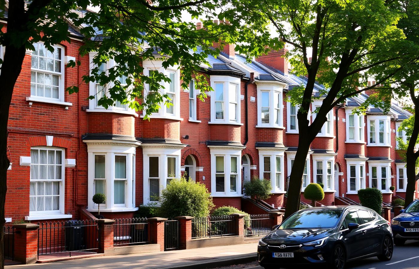 Row of London Victorian terraced houses on a leafy street