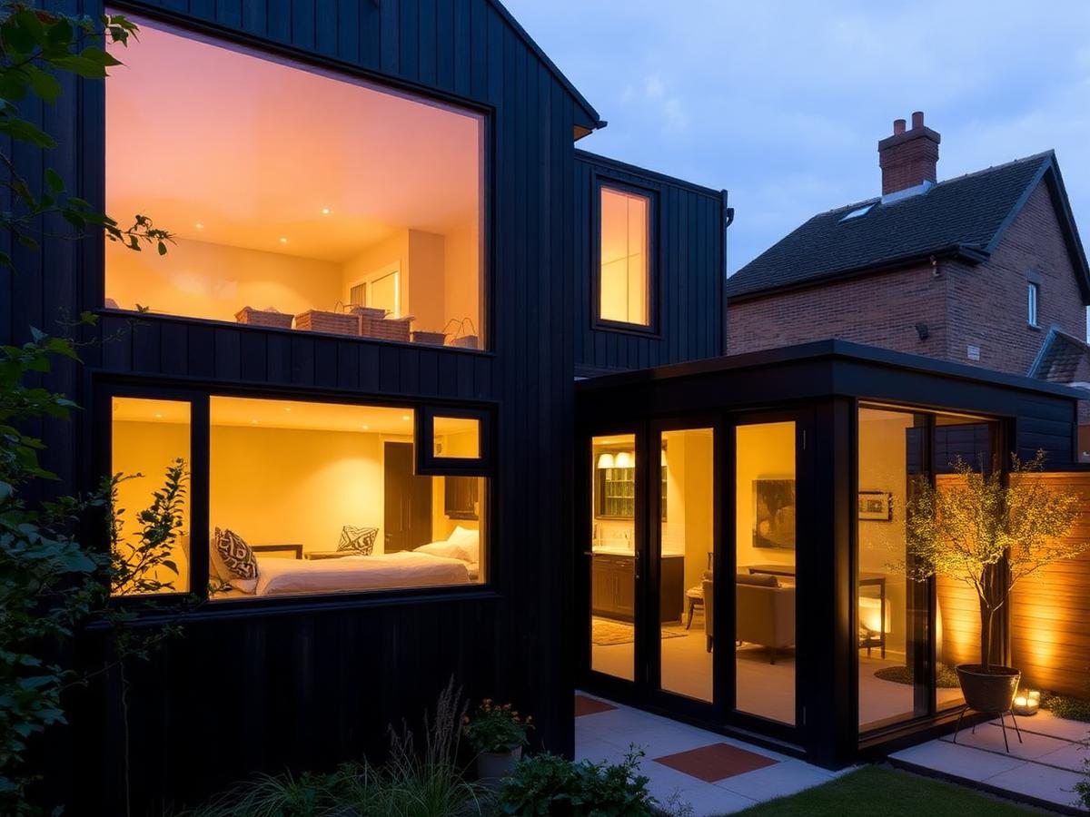Contemporary timber-clad garden room lit at dusk